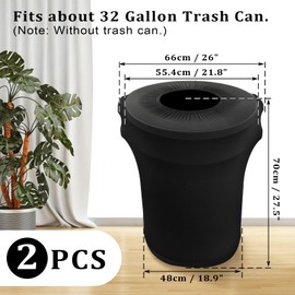 BSTKEY 32 Gallon Stretch Spandex Trash Can Cover, 2 Pack Outdoor Fitted Waste Container Cover Round Garbage Can Covers for Wedding Party Fundraiser Decor, Without Trash Can (Black)