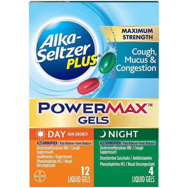 Alka-Seltzer Plus Maximum Strength Cough, Mucus & Congestion, Day + Night Powermax Liquid Gels, 16 Count