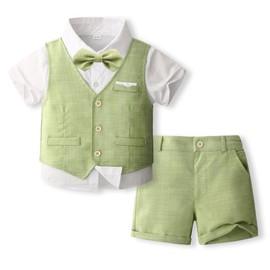 Volunboy Baby Boys' Suit, Summer Suit Vest Shirt with Bow Tie + Shorts for Festive Wedding Clothing Set 4-Piece, light green