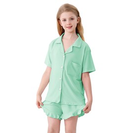 Umeyda Pajamas for Girls Soft Set Pajama Set Short Sleeve Button Up Pajama Top Pj Shorts, Mint Green, 7-8 Years