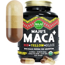 Maju Superfoods 4-in-1 Maca Root Capsules, Organic Black, Yellow & Red Roots w Black Pepper Extract for Absorption (120 ct) | Peru Product, Peruvian Powder, Men & Women Supplement, 60,000 mg