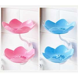 2 Pack Soap Dish Soap Holder for Shower Double Layer Cute Lotus Shape Adhesive Soap Dish Wall Mounted NO-Drilling Self Draining Strong Bar Soap for Shower Bathroom Bathtub Kitchen,Pink+Blue