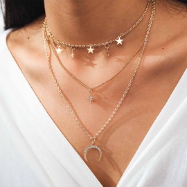 Dervivea Boho layered moon star choker necklace crystal northstar necklace cz moon pendant necklace gold star dangle necklace jewelry for women and girls