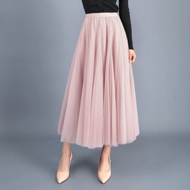 Daysskk Pink Tulle Skirt for Women Midi Length Pleated Skirts for Women Long Length Womens Flowy Skirts Mesh Skirts Women's Skirt A-Line 33"