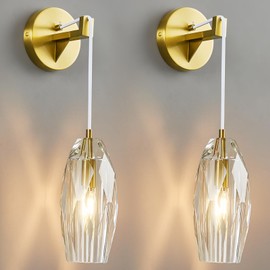 zhllmq Wall Sconces Sets of Two Brass Gold Crystal Shade Sconces Wall Modern Lighting Wall Light Fixtures Hardwire Bathroom Vanity Light Fixture for Bedroom Living Room Hallway Bathroom