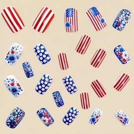 4th of July Independence Day Fake Nails Shape Press on Nails Medium Length USA Flag Star Stripe False Nails with Red White Blue Flower Design Full Cover Acrylic Nails for Women Nail Decorations 24 Pcs