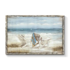 Abstract Seascape Framed Wall Art: Beach Chair on Sand Hand Painted Painting Print for Bedroom (45" W x 30" H, Multiple Sizes/Material)