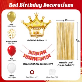 Red and Gold Birthday Decorations for Women with Red White Gold Balloons Happy Birthday Banner Metallic Gold Fringe Curtain for 21st 25th 27th 30th 35th 40th 50th 60th Women Birthday Decorations