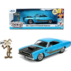 Jada Toys Looney Tunes Road Runner, 1970 Plymouth Model Car, Toy Car, Opening Doors, Bonnet and Trunk with Wile E. Coyote Figure, 1:24 Scale Blue