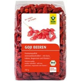 Raab Vitalfood Raab Vitalfood Bio Goji-Beeren, Premium-Qualit?t r1ckstandskontrolliert, laborgepr1ft, ungeschwefelt, ohne Zus?tze, vegan, reich an nat1rlichem Eisen, Kalium, Vitamin C, Wolfsbeere, 1er Pack (250 g)