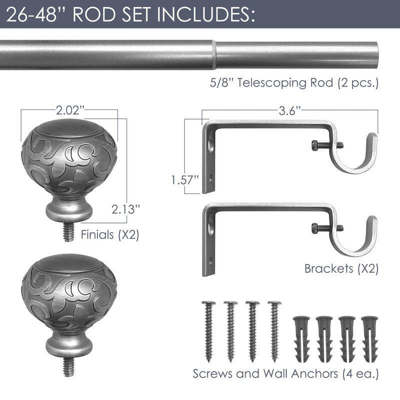 Sorrento 26-48 Inch Adjustable Curtain Rod Set, 5/8 Inch Diameter