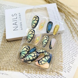 LWTZLW French Tip Press on Nails Medium Almond False Nails with Butterfly Design Full Cover Glue on Nail Reusable Acrylic Fake Nails Glossy Artificial Stick on Nail for Women