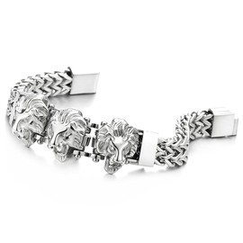 Steel Double Square Franco Link Bike Chain Three Lion Heads Bracelet, Magnetic Clasp(CA)