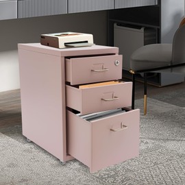 RENFANSHOP 3-Drawer Metal Vertical File Cabinet, Metal Mobile Filing Cabinet with Lock, Fits Legal Letter and A4 Size Documents (Pink)