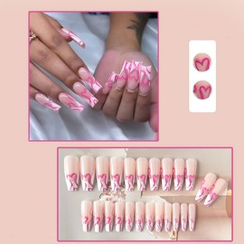 Long Press on Nails Square French Tip Fake Nails Glossy Glue on Nails Full Cover Nude Pink Acrylic False Nails with Design Heart Coffin Nail Tips Stick on Nails for Women Girls Manicure Supplies 24Pcs