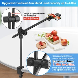 HEMMOTOP Overhead Camera Stand Desk Mount, Heavy Duty Webcam Mount for Desk Payload 4.4 LBS, 360-degree Rotatable Overhead Tripod for Phone Desk Clamp, Ideal for Video Recording, Cooking, Vlogging