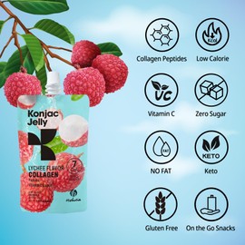 Hethstia Konjac Jelly Lychee Flavor with Collagen Peptides, Low Calorie 10 Pouches Drinkable Litchi Jello, Vitamin C Light Snacks, Sugar Free, Keto, Gluten-Free, Healthy Food Gifts