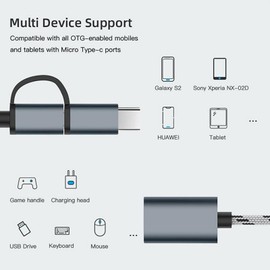 GANA 2-in-1 OTG Adapter, USB to Type-C & Micro USB Nylon Interface, Fast Transfer Connector, Cellphone Charging Line (Grey)