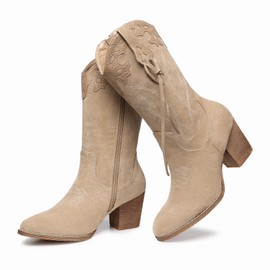 SHIBEVER Cowboy Cowgirl Boots for Women 2024: Apricot Western Mid Calf Booties Country High Heel Suede Zipper Boots Size 7