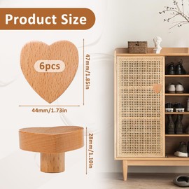 quiodok Pack of 6 Furniture Knobs, Wooden Heart Cabinet Knobs, Wooden Handles for Cabinets, Cupboard Knobs, Wood with Screws for Decoration, Furniture Knob for Drawers, Cupboards, Dressers