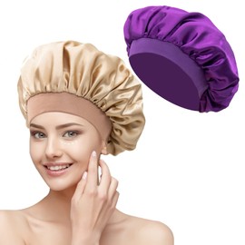Phantasy® Satin Hair Cap, Silk Bonnet for Sleeping Hair Protect Elastic Satin Hair Cap for the Night, Silk Bonnet for Women and Girls, Purple + khaki