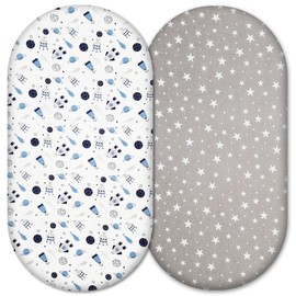 Moses Basket Fitted Sheets – 100% Cotton, Soft & Breathable Baby Bedding Set – 2-Pack Snug Fit Bassinet Sheets for Moses Baskets & Prams - Fits Mattresses Up to 76x36cm (Planets & Stars)