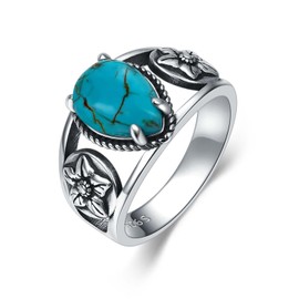 DOLIOX Genuine Turquoise Rings for Women 925 Sterling Silver Native American Indian Style Ring Jewelry with Vintage Western Squash Blossom Size 6