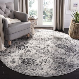 SAFAVIEH Madison Collection 8' Round Silver/Grey MAD611G Boho Chic Floral Medallion Trellis Distressed Non-Shedding Dining Room Entryway Foyer Living Room Bedroom Area Rug