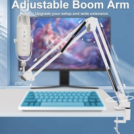 HAOMUREN USB Powered Condenser Microphone with Cantilever Stand, Plug & Play Microphone with Knob & Monitoring Jack, Podcast Equipment Suitable for Streaming