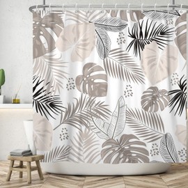 Bovlleetd Bohemian Bathroom Curtain, Waterproof, Abstract Art Shower Curtain, Mid-Century Tropical Plant Shower Curtain, Washable Bathtub, Decorative Curtain with Hooks, 152 x 183 cm