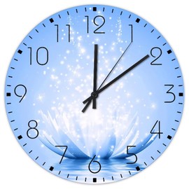 12" Silent Non-Ticking Wall Clocks Battery Operated White Lotus' Flower Blue Wooden Wall Decor for Patio Spiritual Meditation Floral Relax Vintage Round Wooden Wall Clock Rustic for Garden New Home