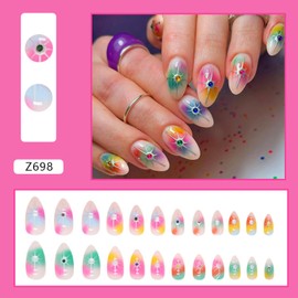 Almond Press on Nails,Glossy Long Oval Fake Nails,Silver Star with Rhinestones Design False Nails,Bright Multicolor Stick on Nails for Women DIY Salon Manicure,Reusable Artificial Nails Glue on Nails