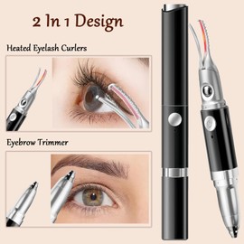 2 in 1 Heated Eyelash Curlers and Eyebrow Trimmer for Women, Electric Eyelash Curler with 2 Temperature Modes Anti-Burn USB Rechargeable Heated Eyelash Curler, Ideal Gift for Women (Black EA)