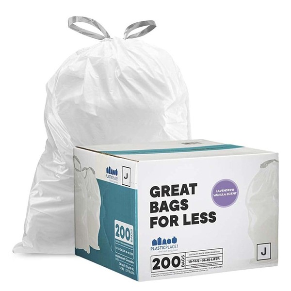 Plasticplace White Drawstring Lavender and Soft Vanilla Scented Garbage Can Liners │Code J Compatible (200 Count) │ 10-10.5 Gallon / 38-40 Liter │ 21" x 28