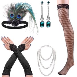 cridoz Flapper Accessories for Women, Flapper Accessories 1920s Gatsby Accessories Roaring 20s Accessories for Women Includes Flapper Gloves Headbands Necklace, Dark Green