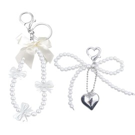 Bow Pearl Wristlet Keychain Y2k Charms for Women Girls Bow Heart Keyring Bracelet Wristlet Key Chain Bag Accessories Charm for Women Phone Bag Charms for Womens Handbags Y2k Key Ring for Car Keys 2Pcs
