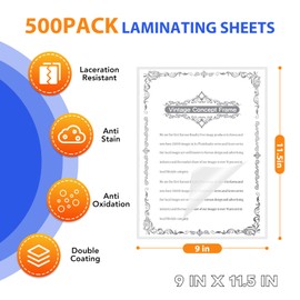 FURWEY 500 Pack Laminating Sheets, 3 Mil, 9 x 11.5 Inches Thermal Laminating Pouches Lamination Sheet Paper for Laminator, Clear, Letter Size, Office and School Supplies