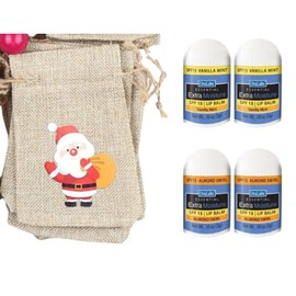 SPF Mini Lip Balm Holiday Stocking Stuffer – 4 Pack (Vanilla Mint & Almond Swirl) – Choose 1 Small Gift Bag Design: Santa, Reindeer, Snowman, or Penguin (Santa)