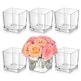 KEYWING 6 Pack Square Glass Vase 4" x 4" x 4", Clear Flower Vases for Centerpieces, Square Glass Cube Vase Candle Holder for Wedding, Party, Home Office Decoration