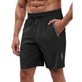QOSOQ Men's Athletic Shorts with Zipper Pockets: Lightweight, Quick-Drying, Casual Fitness Shorts Black