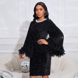 Cololura Sexy Elegant Sequin Long Flared Sleeve Feather Pearls Embellished Bodycon Midi Dress Formal Party Evening Gown Black
