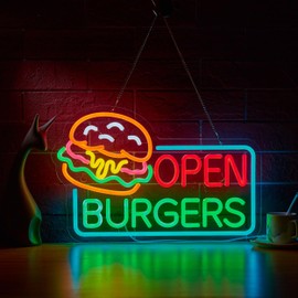Burgers Open Neon Sign for Wall Décor Dimmable Business Hamburger Food Shop LED Neon Light USB Powered Neon Art Signs Decor