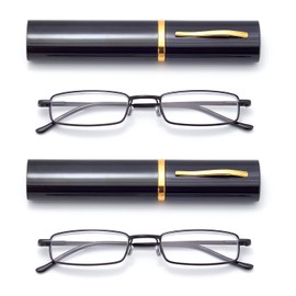 HIGHLIKE 2-Pack Slim Pocket Reading Glasses Men Women, Compact Readers Super Clear Lens, Spring Hinge Metal Frame Eyeglasses, Black Black 1.75 x