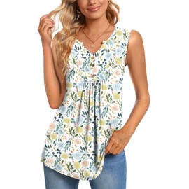 CATHY Womens Summer Sleeveless Tank Top V Neck Button Blouse Casual Pleated Basic Henley Shirts, M, Macaron Flower Grass