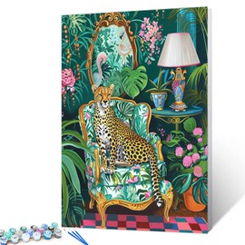Cheetah Sitting on the Sofa Paint by Number Kit Beginner Leopards Painting Art Craft Jungle Animal Woodland on Canvas Suitable for Thicket Home Green Leaves Wall Decor 16''W x 20''H (No Framed)