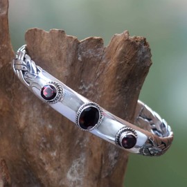 NOVICA Artisan Handmade Garnet Cuff Bracelet Braided Sterling Silver with Three Garnets Red Indonesia Marsala Birthstone [6 in L (end to End) x 0.4 in W] ' Three Guardians'
