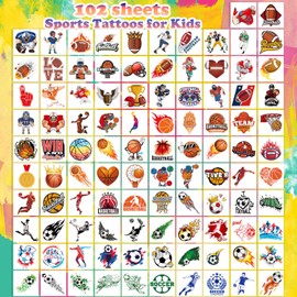 102 PCS Individually Wrapped Sports Temporary Tattoo for kids - Soccer Basketball Baseball Football Temporary for Girls Boy Body Arm Shoulder Cute Tattoos Stickers Supplies Gifts for Kids