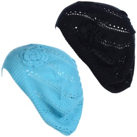 BYOS - Gorro de punto de estilo parisino suave y ligero con corte de ganchillo, 2 unidades Swirl Aqua & Negro, Talla única