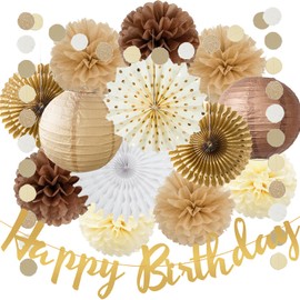 Brown Birthday Party Decorations White Brown Champagne Rustic Birthday Party Decoration Paper Pom Poms Flowers Hanging Paper Fans for Neutral Bear Baby Shower Boho Party Decoration