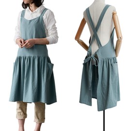 NEWGEM Cotton Linen Cross Back Apron for Women with Pockets for Gardening Cleaning Turquoise with Waist Ties